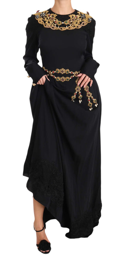 Dolce & Gabbana Elegant Maxi Black Dress with Gold Detailing