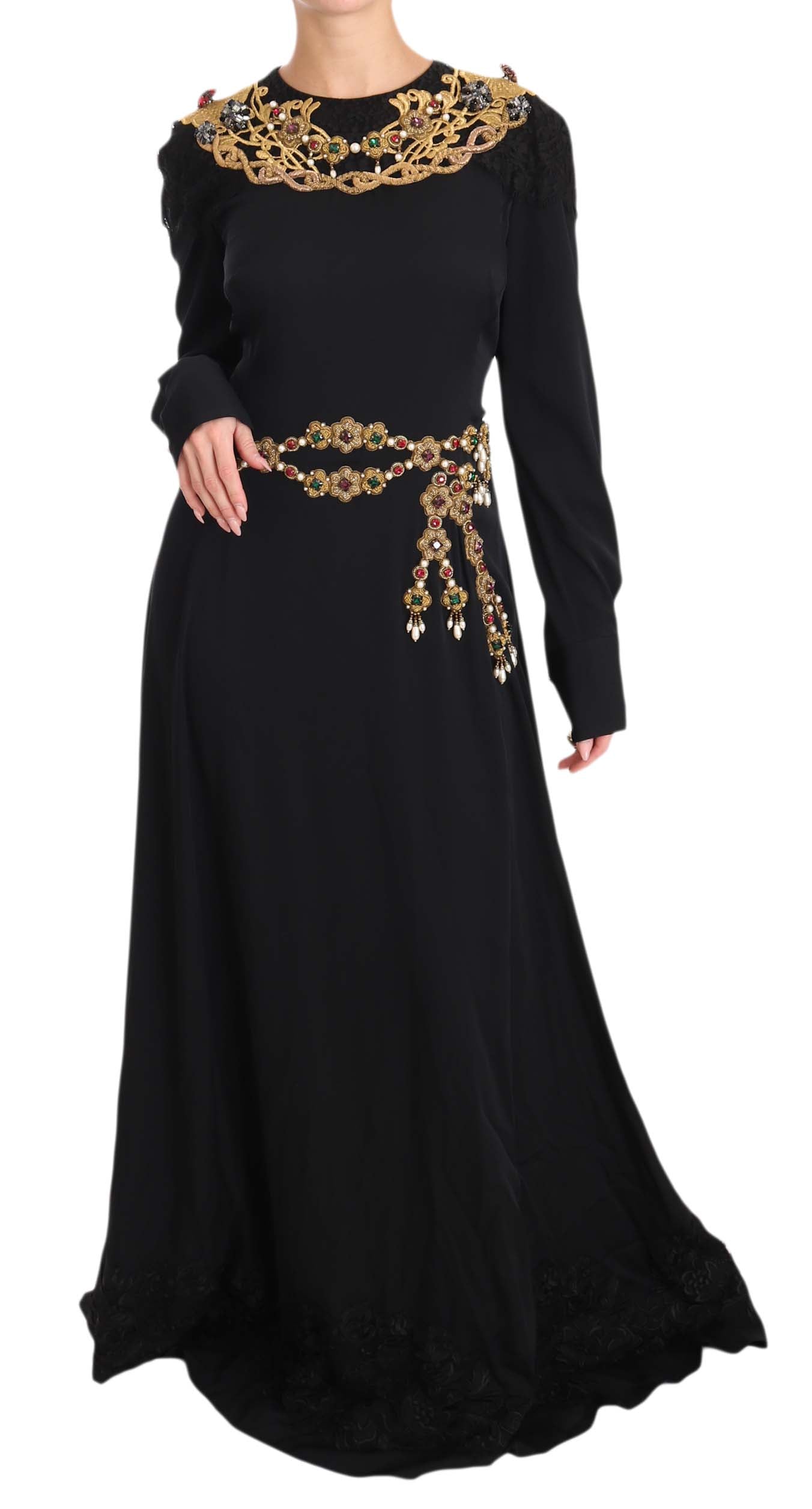 Dolce & Gabbana Elegant Maxi Black Dress with Gold Detailing