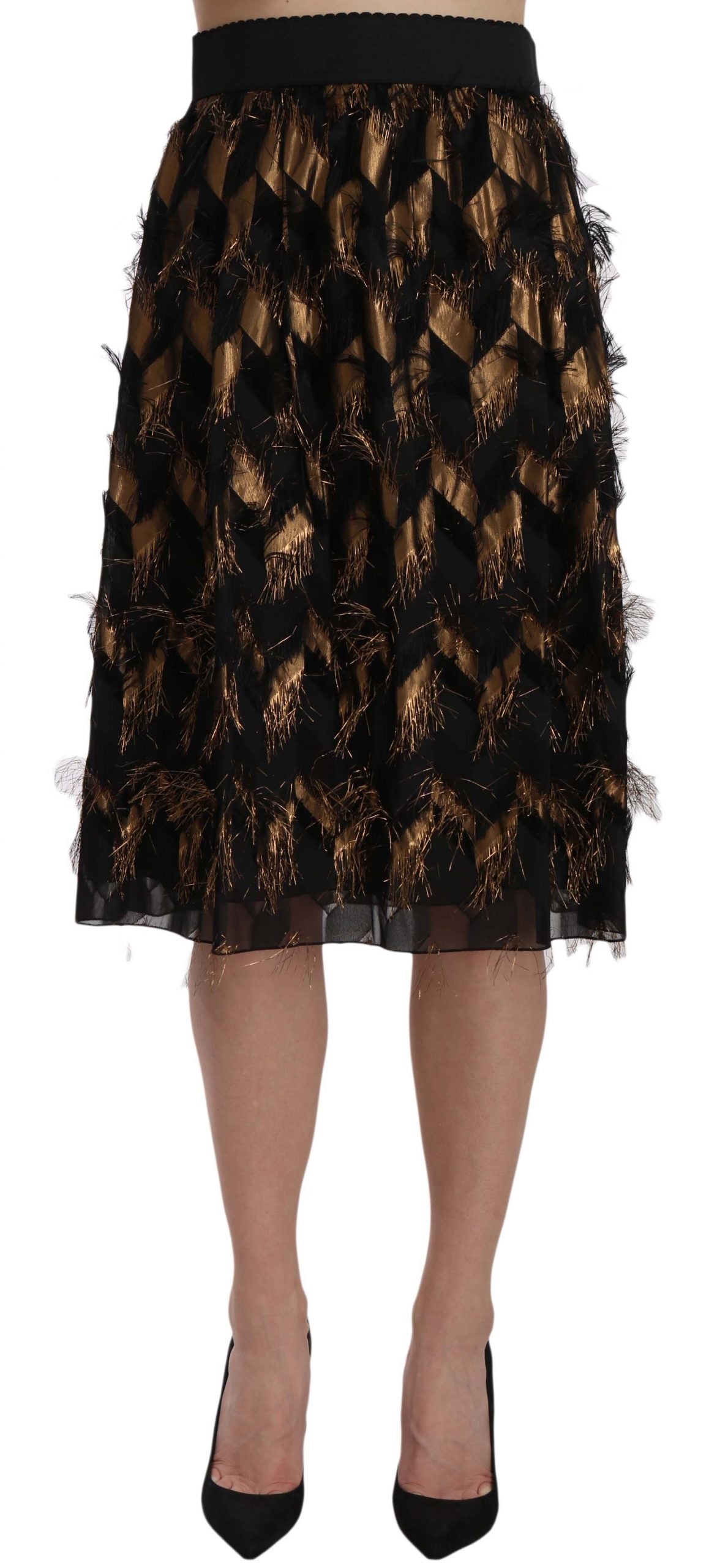 Dolce & Gabbana Black Gold Fringe Metallic Pencil A-line Skirt