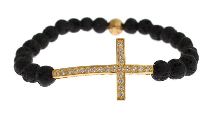 Nialaya Lava Stone Gold Clear CZ Cross 925 Silver Bracelet