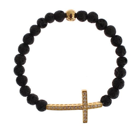 Nialaya Lava Stone Gold Clear CZ Cross 925 Silver Bracelet