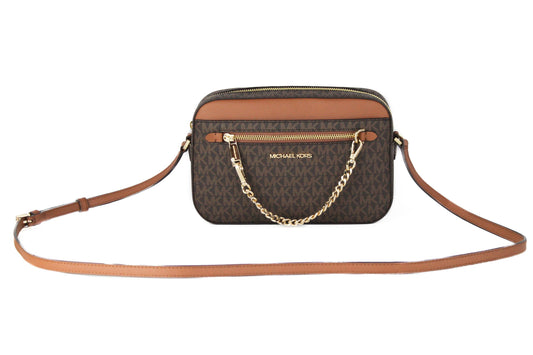 Michael Kors Jet Set Item Large East West Signature Leather Zip Chain Crossbody Handbag (Brown PVC/Brown)