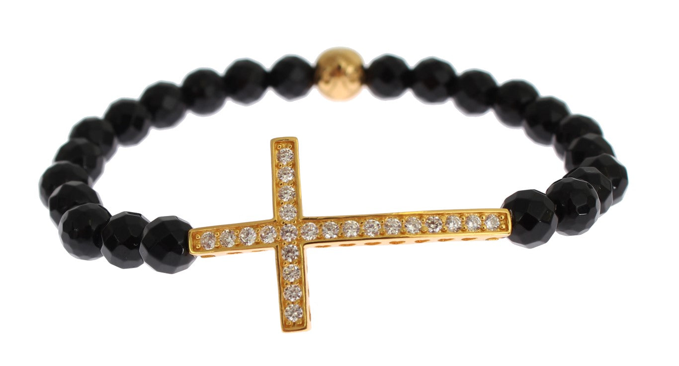 Nialaya Agate Stone Gold CZ Cross 925 Silver Bracelet