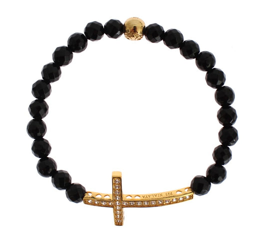 Nialaya Agate Stone Gold CZ Cross 925 Silver Bracelet