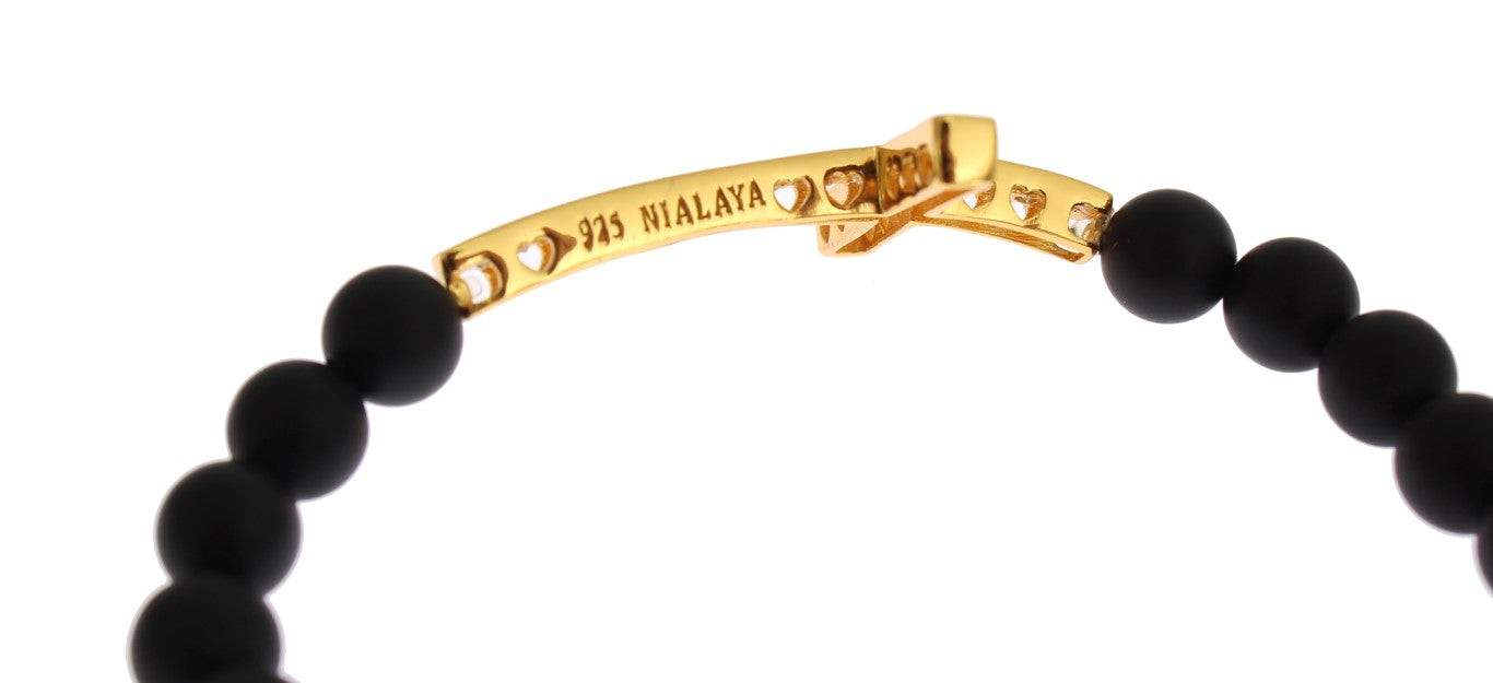 Nialaya Matte Onyx Stone Gold CZ Cross 925 Silver Bracelet