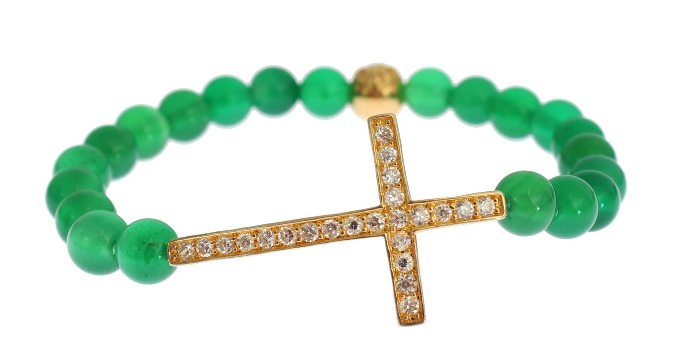 Nialaya Jade Stone Gold CZ Cross 925 Silver Bracelet