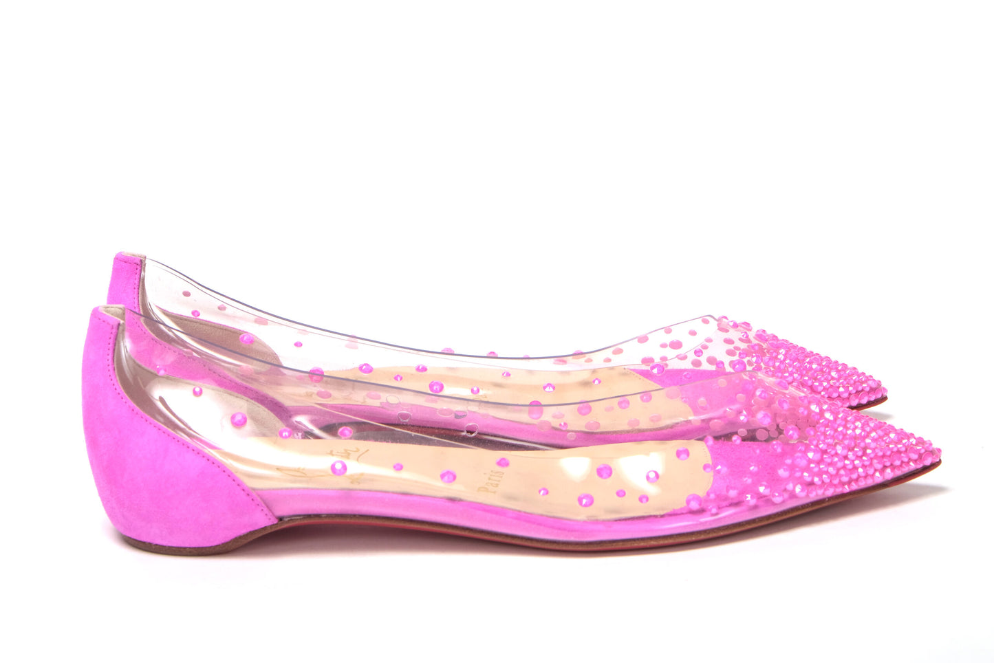 Christian Louboutin Hot Pink Suede Crystals Flat Point Toe Shoe