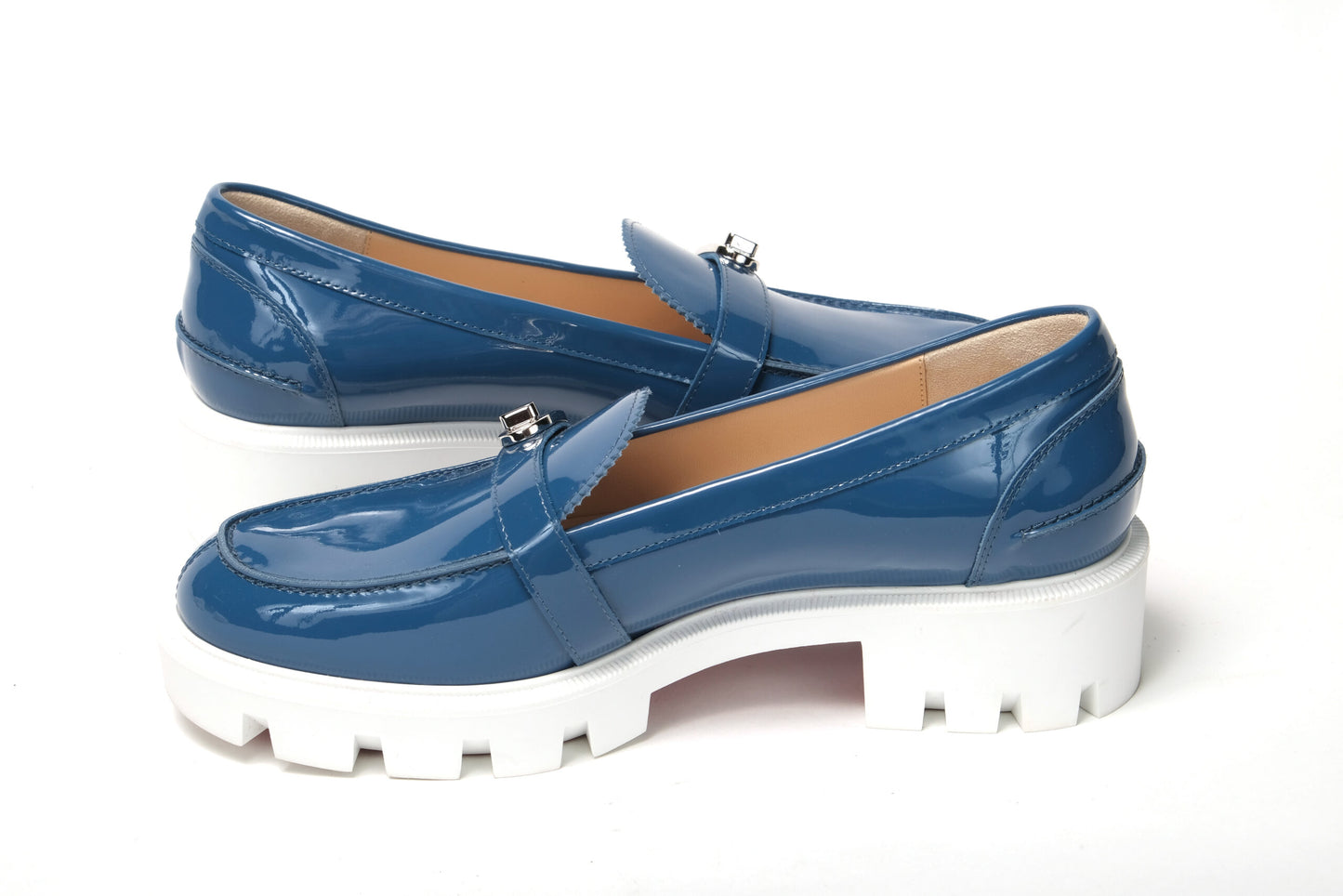 Christian Louboutin Blue And White Silver Logo Lock Boat Shoe