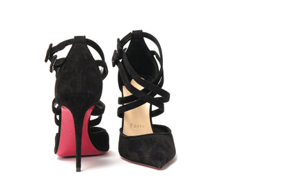 Christian Louboutin Black Velour Perforated Strappy High Heel Sandal 