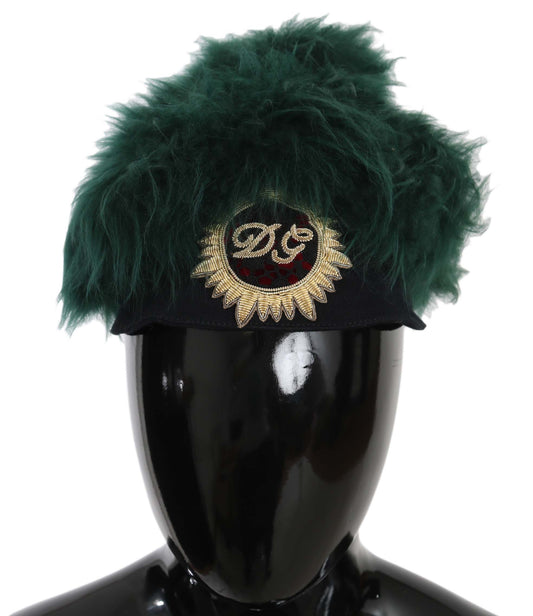 Dolce & Gabbana Green Fur DG Logo Embroidered Cloche Hat