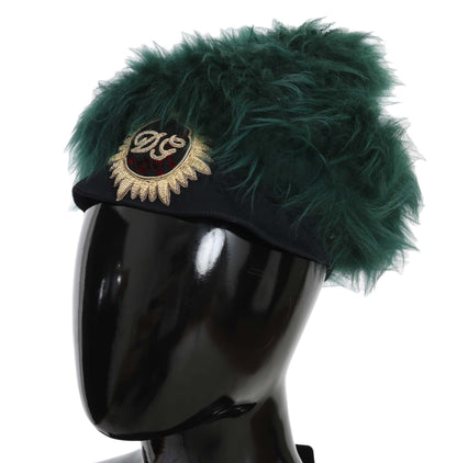 Dolce & Gabbana Green Fur DG Logo Embroidered Cloche Hat