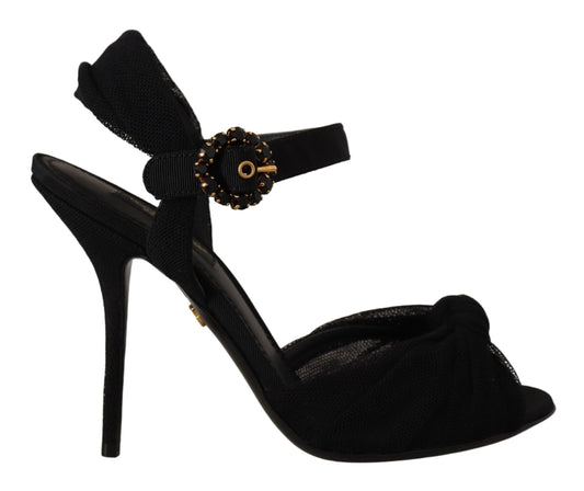 Dolce & Gabbana Black Tulle Ankle Strap Heels with Crystal Buckle