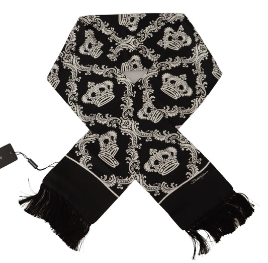 Dolce & Gabbana Black Silk Royal Crown Print Logo Shawl Fringe Scarf