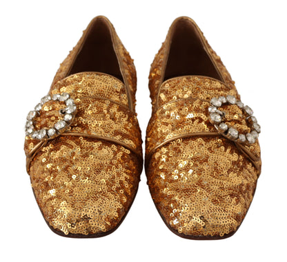 Dolce & Gabbana Gold Sequin Crystal Flat Women Loafers Shoes