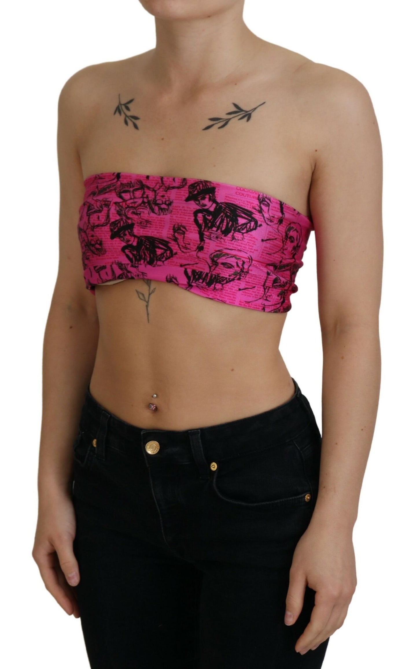 John Galliano Pink Newspaper Print Bra Cropped Blouse