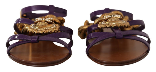 Dolce & Gabbana Purple Leather Devotion Flats Sandals Shoes