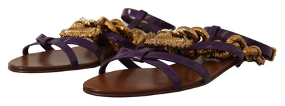 Dolce & Gabbana Purple Leather Devotion Flats Sandals Shoes