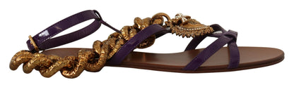 Dolce & Gabbana Purple Leather Devotion Flats Sandals Shoes