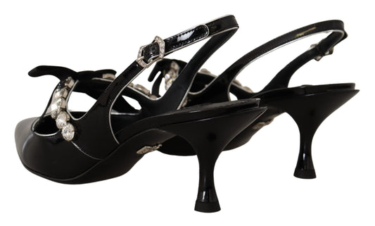 Dolce & Gabbana Black Patent Leather Crystal Slingbacks Shoes