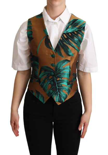 Dolce & Gabbana Green Jacquard Leaf Gold Waistcoat Vest