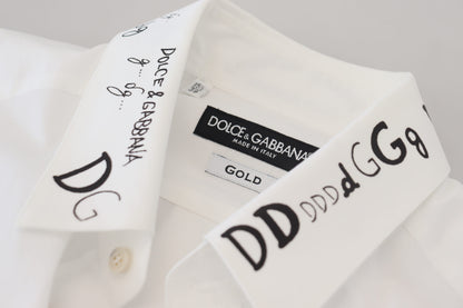 Dolce & Gabbana White Printed Cotton SlimFit Dress GOLD Shirt