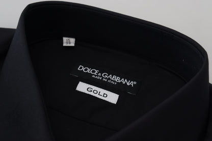 Dolce & Gabbana Black Cotton Slim Fit Formal Dress GOLD Shirt