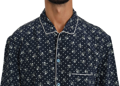 Dolce & Gabbana Silken Elegance: Blue Skull Print Lounge Shirt