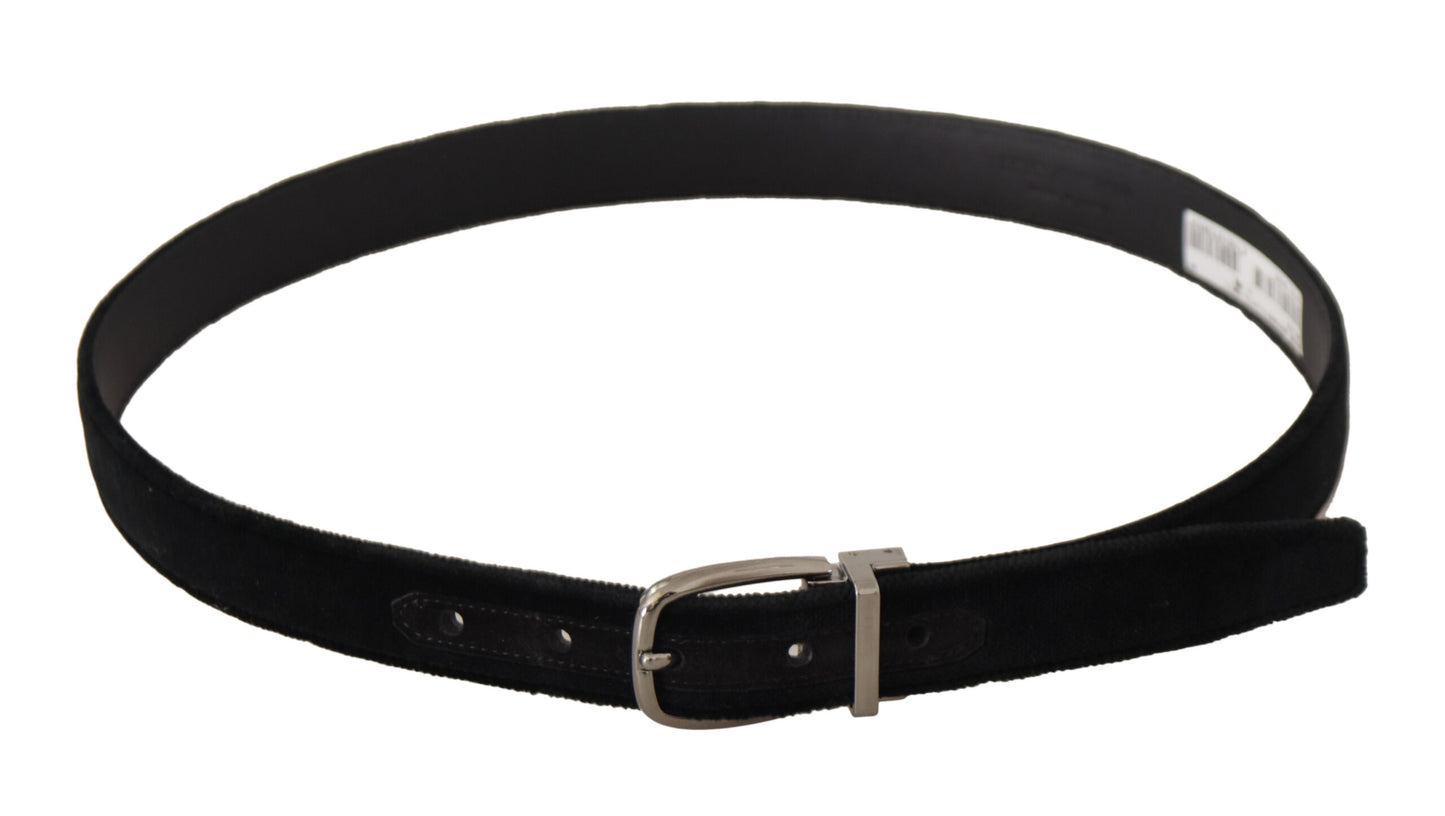 Dolce & Gabbana Elegant Black Velvet Engraved Buckle Belt