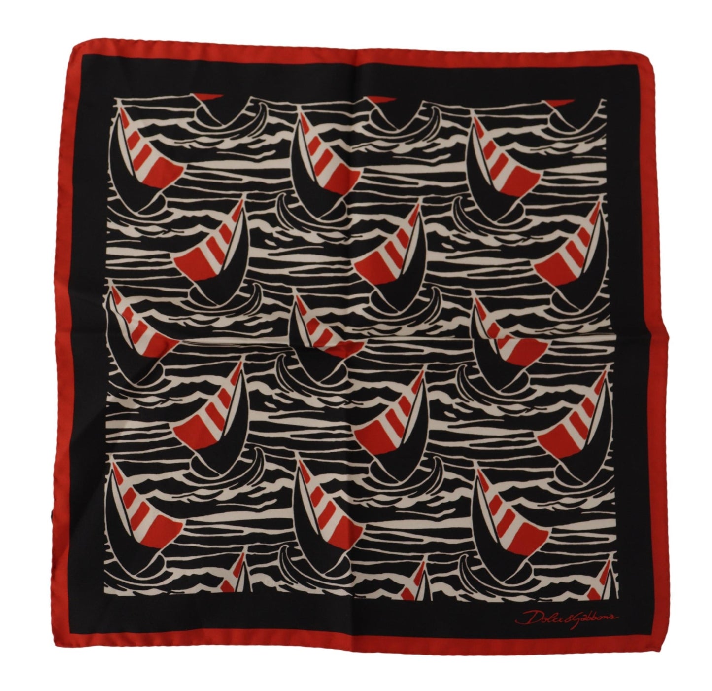 Dolce & Gabbana Black Red Sailboat Square Handkerchief Silk Scarf