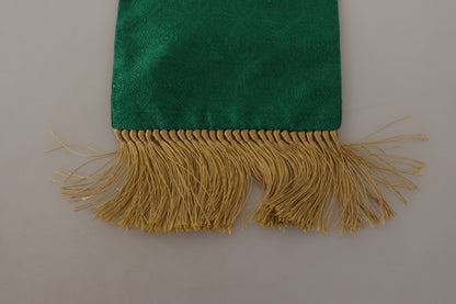 Dolce & Gabbana Green Crown Embroidered Shawl Fringe Blend Silk