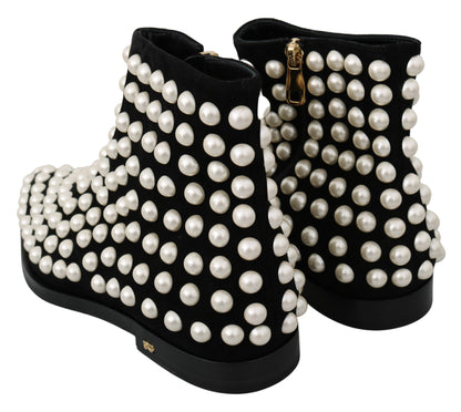 Dolce & Gabbana Chic Black Suede Ankle Boots with Pearls