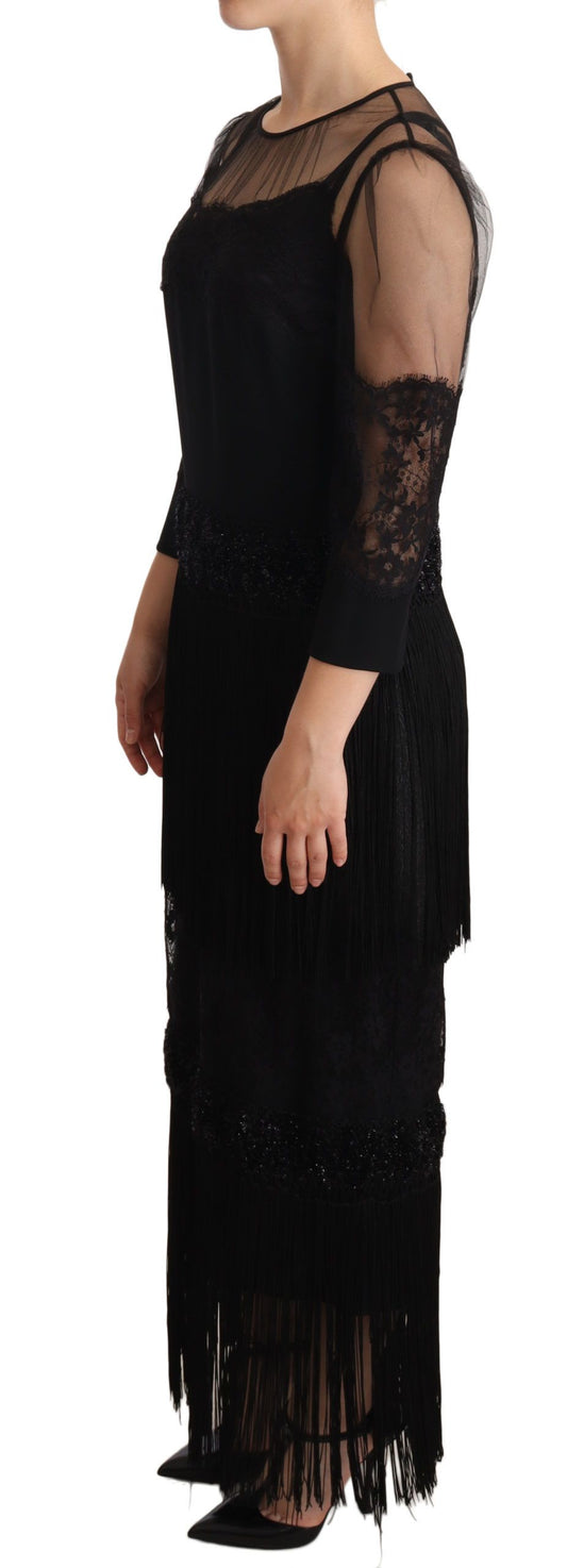 Dolce & Gabbana Black Sheer Floral Lace Crystal Maxi Dress