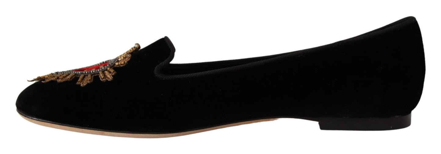 Dolce & Gabbana Black DG Sacred Heart Patch Slip On Flat Shoes