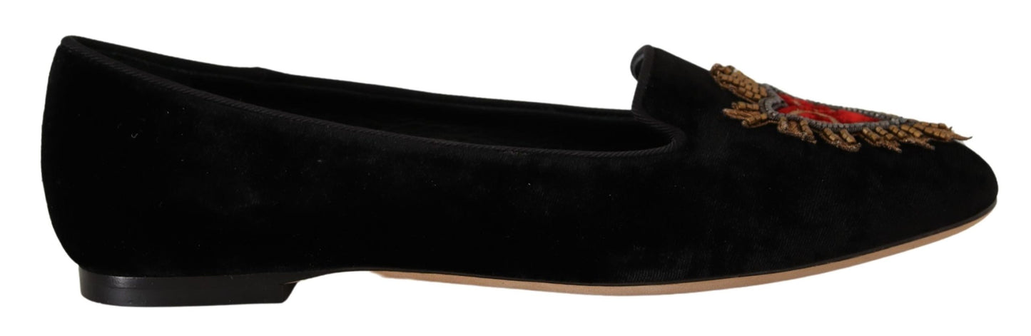 Dolce & Gabbana Black DG Sacred Heart Patch Slip On Flat Shoes