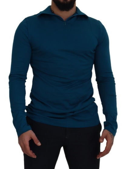 Dolce & Gabbana Blue Cotton Collared Slim Pullover Sweater