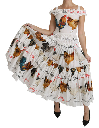 Dolce & Gabbana White Rooster Sheath Midi Cotton Dress