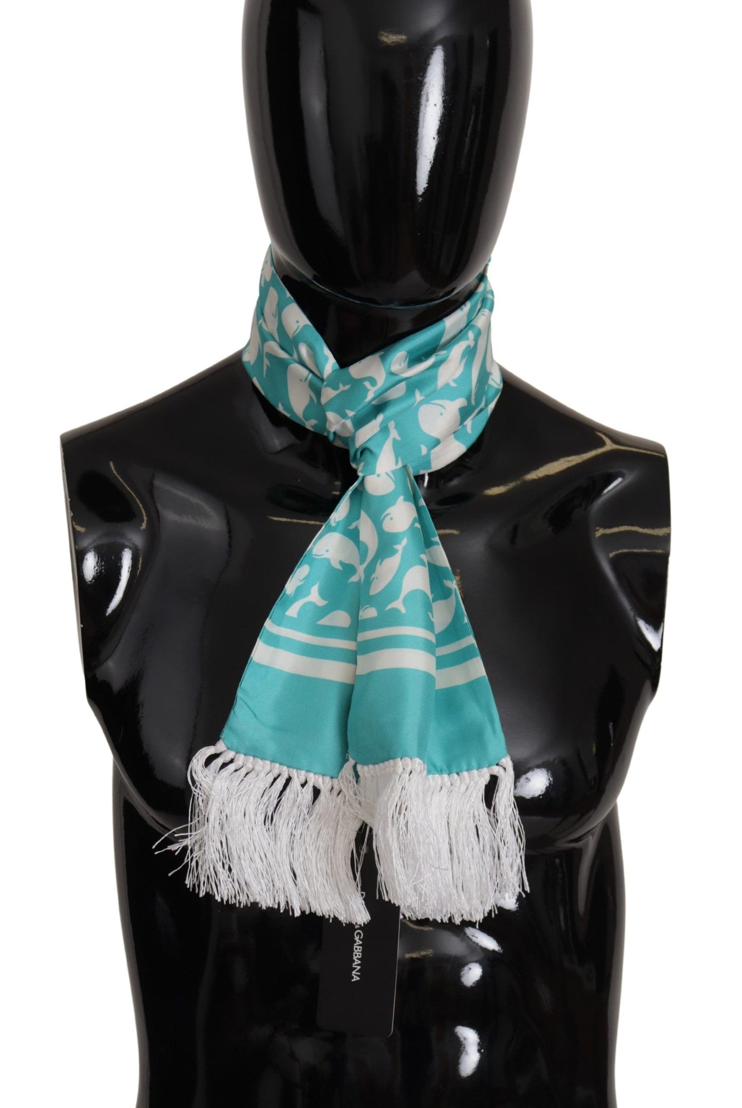 Dolce & Gabbana Blue Whale Printed Shawl Wrap Fringe Silk Teal Scarf