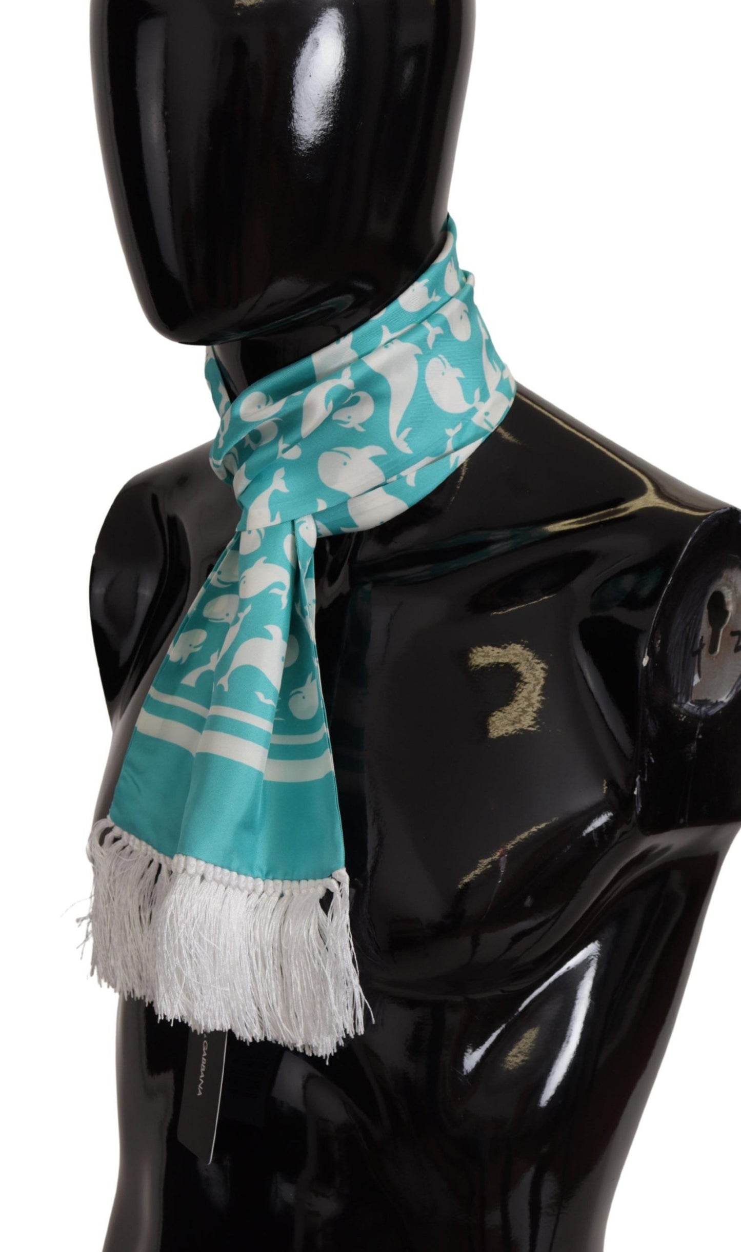 Dolce & Gabbana Blue Whale Printed Shawl Wrap Fringe Silk Teal Scarf