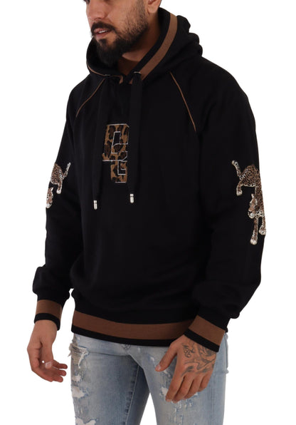 Dolce & Gabbana Black Brown Leopard Cotton Hooded Pullover Sweater