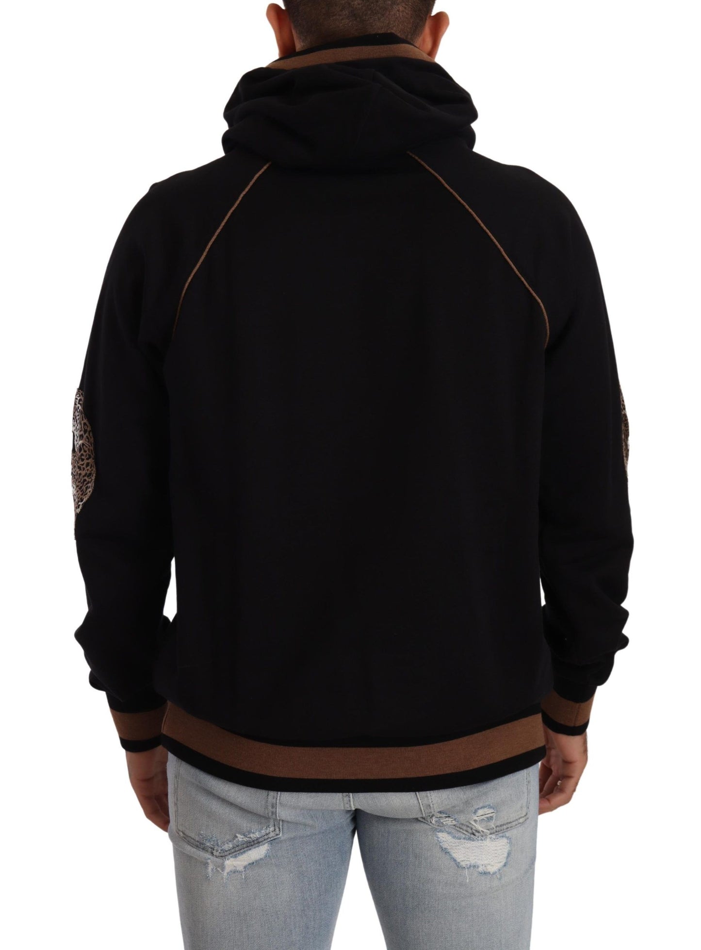 Dolce & Gabbana Black Brown Leopard Cotton Hooded Pullover Sweater