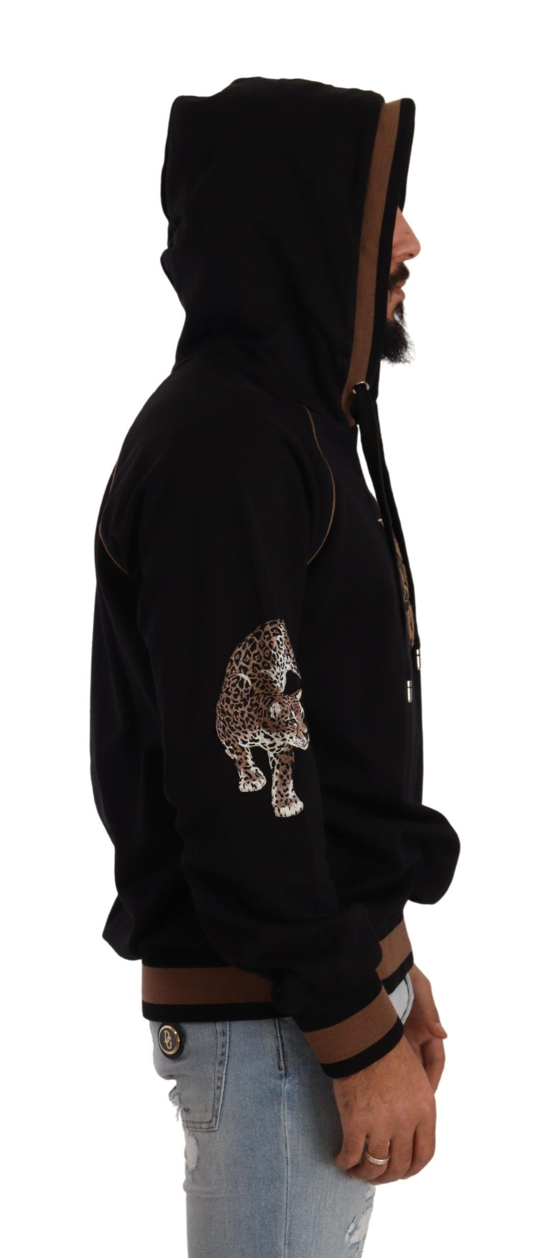 Dolce & Gabbana Black Brown Leopard Cotton Hooded Pullover Sweater