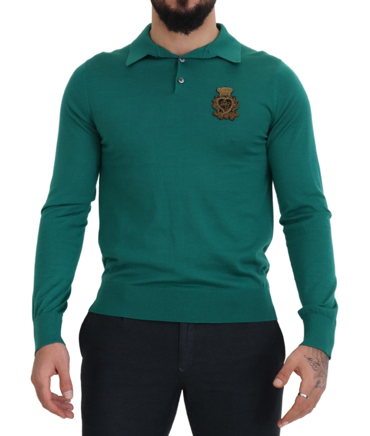 Dolce & Gabbana Green Cashmere Collared Logo Pullover Sweater