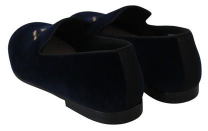 Dolce & Gabbana Blue Velvet Gold Logo Slipper Loafers Shoes