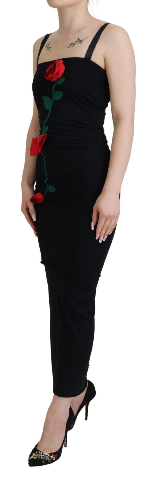 Dolce & Gabbana Black Sheath Bodycon Stretch Roses Dress