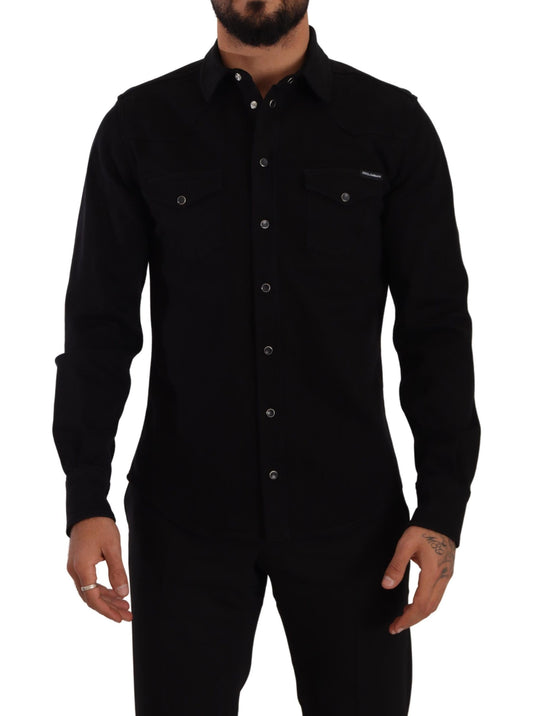 Dolce & Gabbana Black Slim Cotton Denim Stretch Shirt