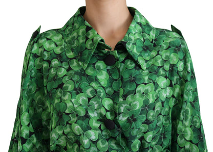 Dolce & Gabbana Silk Green Leaves Print Trench Jacket