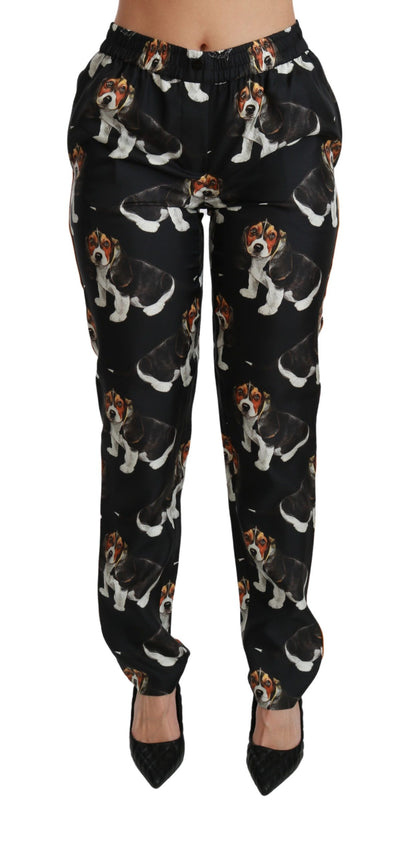 Dolce & Gabbana Elegant Silk Puppy Dog Print Pants