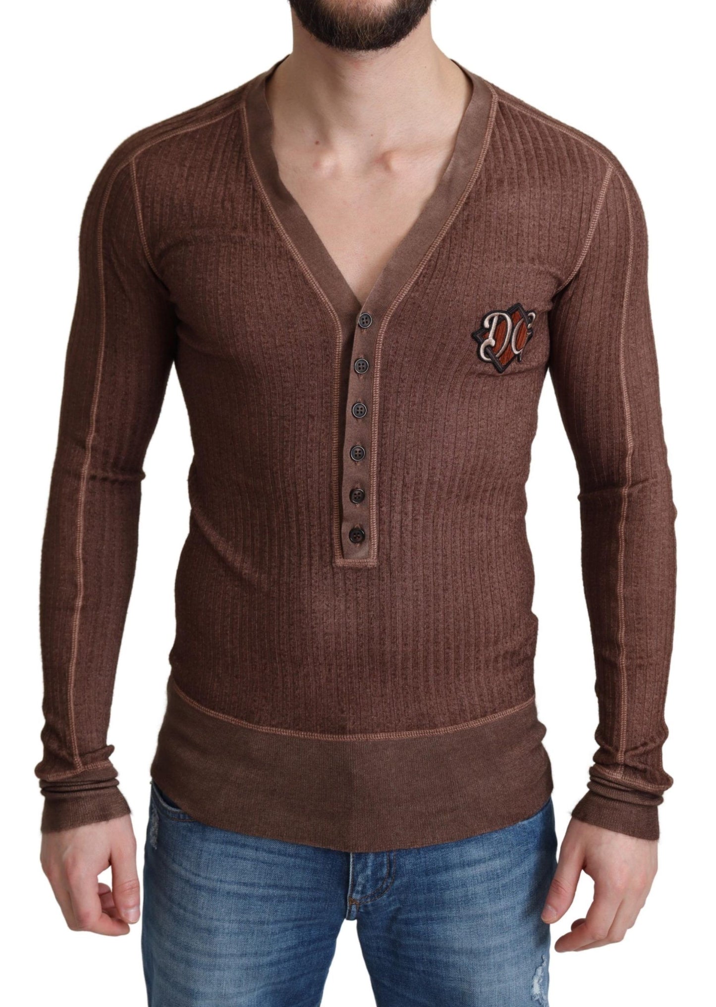 Dolce & Gabbana Brown Logo Button Cardigan V-neck Sweater