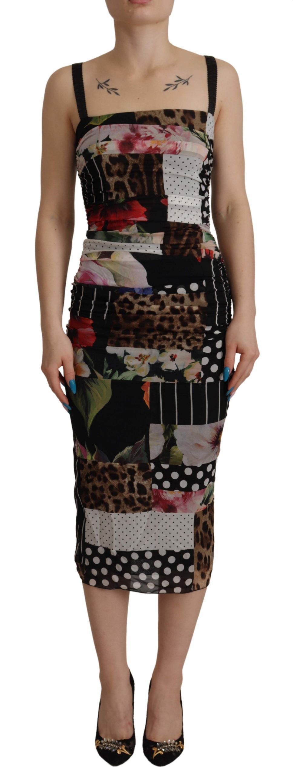 Dolce & Gabbana Multicolor Pachwork Midi Floral Silk Leopard Bodycon Dress