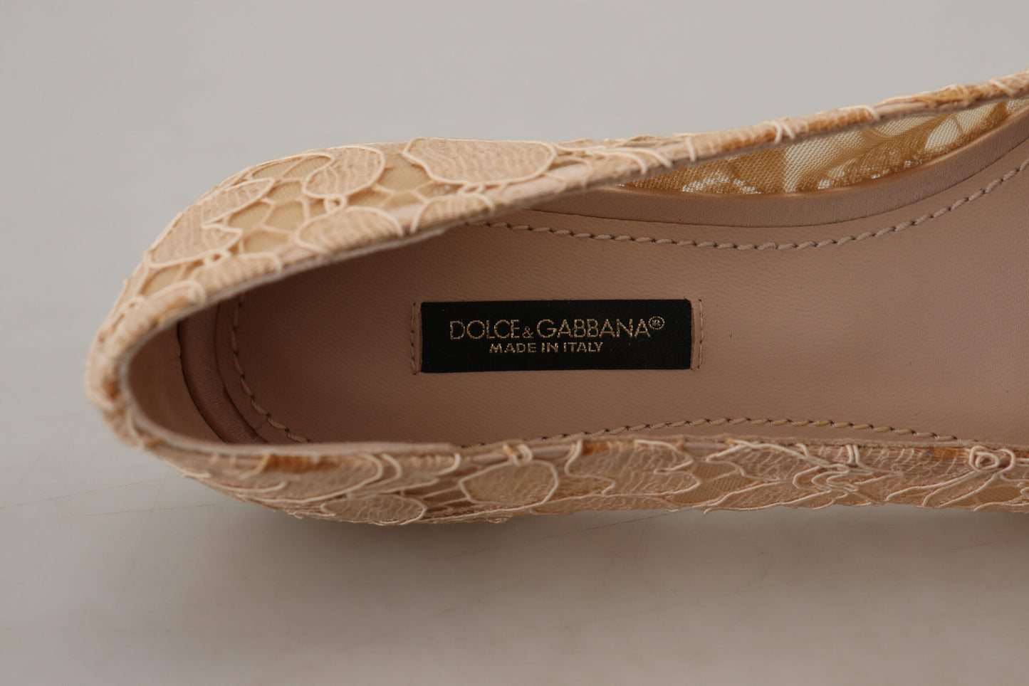 Dolce & Gabbana Elegant Beige Lace Vally Flats with Crystal Accent